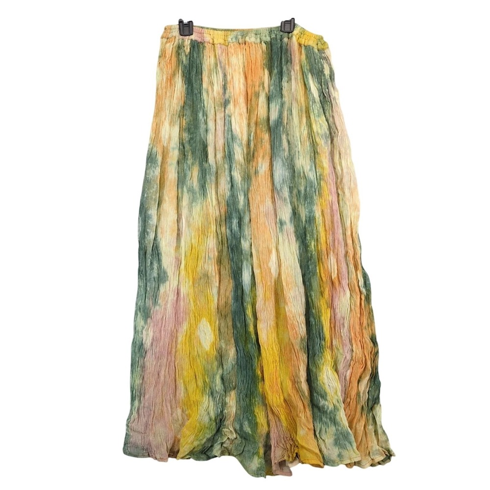 Venus Yellow Green Tie Dye Crinkle‎ Midi Skirt One Size Elastic Waist Festival